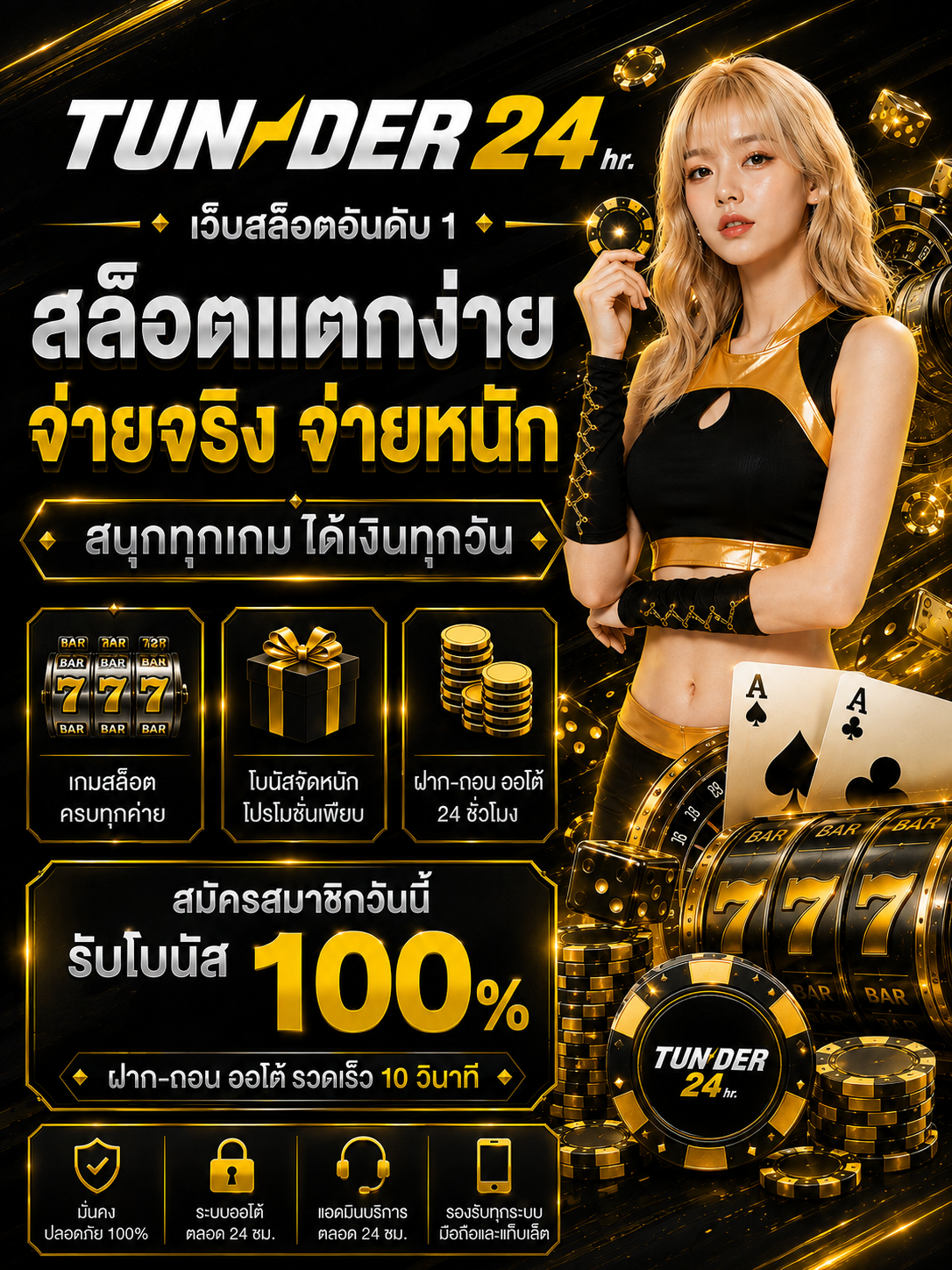 TUNDER24HR เว็บสล็อต สล็อตแตกง่าย จ่ายจริง จ่ายหนัก สมัครสมาชิกรับโบนัส 100%